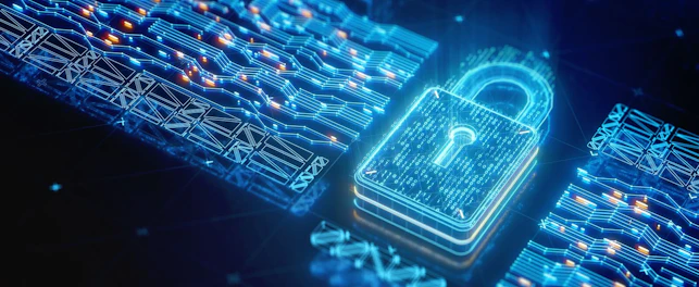 Podświetlony symbol zamkniętej kłódki z zaszyfrowanym kodem binarnym.